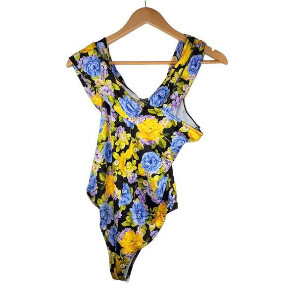 ZARA Floral Off The Shoulder Bodysuit Yellow & Blue Medium - Picture 5 of 5
